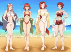 4girls abs alternate_costume bare_legs barefoot beach bikini bikini_shorts braid braided_ponytail breasts cherche_(fire_emblem) cleavage female female_only fire_emblem fire_emblem:_mystery_of_the_emblem fire_emblem:_path_of_radiance fire_emblem:_shadow_dragon_and_the_blade_of_light fire_emblem_awakening green_eyes halter_bikini headband hourglass_figure large_breasts leenvidia long_hair looking_at_viewer medium_breasts milf minerva_(fire_emblem) multiple_girls muscular_female navel nintendo ocean one-piece_swimsuit one_eye_closed open_mouth pink_hair red_bikini red_hair red_swimsuit redhead short_hair small_breasts smile smiling sports_bikini sully_(fire_emblem) swimsuit thin_female titania_(fire_emblem) very_long_hair very_short_hair white_bikini wink