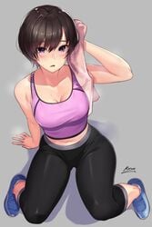 1girls bare_shoulders black_hair blue_footwear blush breasts cleavage clothed clothed_female exercise exercise_clothing exercising female full_body highres kagematsuri looking_at_viewer medium_breasts midriff navel original pants parted_lips purple_eyes shoes short_hair sitting solo solo_female solo_focus sports_bra sweat sweatpants tomboy towel very_short_hair yoga_pants