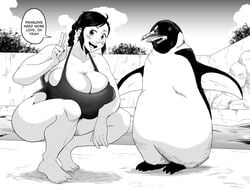 big_breasts bird black_and_white breasts cleavage crouching female female_focus harorlood large_breasts long_hair marina_(harorlood) monochrome penguin ponytail solo solo_female speech_bubble swimsuit