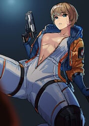 1girls absurdres apex_legends blonde_hair blue_background breasts breasts_apart catsuit female gun highres holding holding_gun holding_weapon kagematsuri knee_pads large_breasts lichtenberg_figure looking_at_viewer navel no_bra parted_lips scar scar_on_face short_hair solo tomboy very_short_hair wattson_(apex_legends) weapon