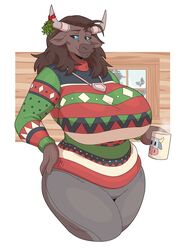 1girls anthro big_breasts black_hair blue_eyes bovine breasts christmas clothed clothing cow_ears cow_horns cup european_mythology female female_only fur furry furry_only greek_mythology hand_on_hip hi_res holding_cup horns long_hair looking_at_viewer minotaur minotaur_female mistletoe mythology necklace nihea_avarta slightlysimian smiling smiling_at_viewer solo solo_female sweater thick_thighs wide_hips