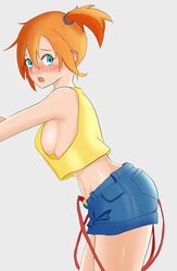 ass blush breasts cowboy_shot creatures_(company) curvy embarrassed female game_freak green_eyes green_shorts grey_background gym_leader hair_between_eyes kasumi_(pokemon) looking_at_viewer medium_breasts misty_(pokemon) nintendo open_mouth orange_hair pokemon pokemon_(anime) pokemon_(classic_anime) pokemon_(game) pokemon_rgby shirt short_hair shorts sideboob simple_background solo suspender_shorts suspenders tank_top thighs tomboy underboob yellow_shirt yellow_tank_top yunicha