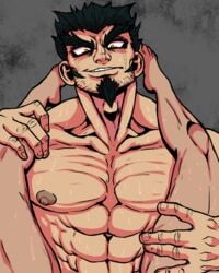 abs ahe_gao awooga crazy_eyes danganronpa despair eyebrows feet goatee japanese knees knees_up legs male_focus missionary muscle muscular muscular_female muscular_male nidai_nekomaru nipples shlugbear smirk straight_hair tan_skin