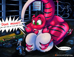 absurd_res anthro ass battybuttguy_(artist) bent_over big_breasts big_butt breast_squeeze breast_squish breasts dialogue dinosaur fan_character female group hi_res humor jurassic_park nipples piercing reptile ruby_rex scalie squish stripes theropod tyrannosaurid tyrannosaurus tyrannosaurus_rex wide_hips