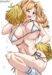 bikini blonde_female blonde_hair bouncing_breasts breasts cheering drill_hair female grey_eyes highres holding holding_pom_poms honolulu_(kantai_collection) kantai_collection kazuo_akasaka large_breasts long_hair pom_pom_(cheerleading) shoes side-tie_bikini sneakers socks solo standing standing_on_one_leg string_bikini sweat swimsuit twin_drills twintails white_bikini white_footwear white_legwear