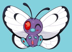 arthropod blue_background blush bodily_fluids butterfly butterfree cum feral feralsoren genital_fluids genitals insects lepidopteran male nintendo penis pokémon_(species) pokemon pokemon_only purple_body simple_background solo tapering_penis video_games