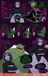 1boy 1girls ass beast_boy big_ass big_breasts breasts bubble_butt busty comic dc dc_comics dialogue female female_focus grey_skin hourglass_figure human_in_animal_body leotard male pale-skinned_female pale_skin purple_hair rachel_roth raven_(dc) sapient_animal schpicy sentient_animal sentient_feral short_hair speech_bubble teen_titans thick_raven thick_thighs thong_leotard wide_hips