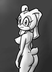 2019 aged_up anthro areola ass biped black_and_white breasts cream_the_rabbit digital_media_(artwork) dipstick_ears eyelashes female fingers fur greyscale hi_res lagomorph leporid looking_at_viewer looking_back loshon mammal monochrome multicolored_ears nipples nude rabbit rear_view simple_background smile solo sonic_(series) sonic_the_hedgehog_(series) video_games