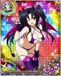 black_hair breasts card_(medium) cleavage devil_tail fake_horns female female_focus fingerless_gloves gloves high_school_dxd highres horns large_breasts long_hair looking_at_viewer navel official_art one_eye_closed purple_eyes serafall_leviathan smile solo thighhighs twintails wings