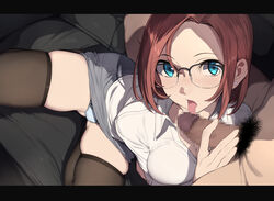 1boy black-framed_eyewear black_legwear blue_eyes blue_panties blush breasts brown_hair_girl_(nagioka) censored clothed_female_nude_male collared_shirt commentary couch earrings fellatio female from_above glasses grey_skirt highres indoors jewelry licking licking_penis looking_at_viewer male_pubic_hair medium_breasts mosaic_censoring nagioka nagioka_(sblack) nude office_lady on_couch open_mouth oral original over-rim_eyewear panties pencil_skirt penis penis_grab pov pubic_hair red_hair sblack semi-rimless_eyewear shirt short_hair skindentation skirt small_penis solo_focus spread_legs straight thighhighs underwear white_shirt