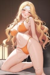 ai_generated alternate_costume bikini blonde_hair brigid_(fire_emblem) female fire_emblem fire_emblem:_genealogy_of_the_holy_war headband long_hair nai_diffusion nintendo orange_bikini orange_swimsuit stable_diffusion sweat swimsuit wavy_hair