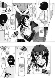 azasuke bed black_lagoon blowjob bondage censored cum cum_on_face dialogue english_text forced_oral male okajima_rokuro outfit penis revy threatening