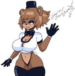 1girls anthro artist_signature blue_eyes bowtie breasts brown_fur cally3d clazzey cleavage cryptiacurves fazclaire's_nightclub female female_only five_nights_at_freddy's fnaf freddy_(fnaf) freddy_fazbear fredina's_nightclub fredina_(cally3d) frenni_(cryptia) frenni_fazclaire gloves hat scottgames shirou_shirigamy solo tagme thighhighs voluptuous white_background