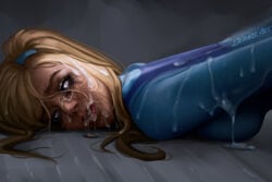 1girls blonde_hair blue_eyes bodysuit close-up cum cum_on_face female lips lirimaer_art long_hair metroid nintendo on_floor ponytail realistic runny_makeup samus_aran solo zero_suit_samus