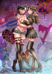 2girls aged_up alternate_costume armband bangs belt black_hair blue_eyes blush boob_window bra bra_strap breast_squish breasts breasts_pressed_together brown_hair collar colored crop_top cross ear_piercing earrings exposed_shoulders game_freak gloria_(pokemon) gothic grin hair_bun heart heel_boots heels high_heels hug huge_breasts hugging jean_shorts leggings long_sleeves looking_at_viewer marnie_(pokemon) navel necklace nintendo paint paint_splatter painted_nails peace_sign pokemon pokemon_ss prostitute prostitution short_hair shorts skirt skull smile smiling smiling_at_viewer star swept_bangs tagme takecha thick_thighs thighs thong torn_clothes twintails wink winking winking_at_viewer yellow_eyes yuri