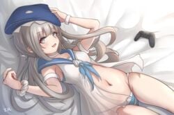 1girls bare_legs bed blush dualshock_4 female female_only game_controller grey_eyes grey_hair hat long_hair lying nanami_(punishing:_gray_raven) navel open_mouth punishing:_gray_raven robot_girl solo swimsuit t.r