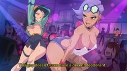 anime_style big_breasts clothed_female clothing dana_(superdimensional_sex_shop) dancing dialogue nutaku party player_(superdimensional_sex_shop) superdimensional_sex_shop text yuki_(superdimensional_sex_shop)