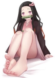 barefoot black_hair demon_slayer female female_only foot_fetish foot_focus full_body gag hair_ribbon haori kamado_nezuko kimetsu_no_yaiba kimono lenxiao long_hair looking_at_viewer pale-skinned_female pale_skin pink_eyes sharp_fingernails sitting solo two_tone_hair