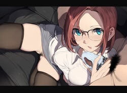 1boy black-framed_eyewear black_legwear blue_eyes blue_panties blush bottomless bottomless_skirt breasts brown_hair_girl_(nagioka) censored clothed_female_nude_male collared_shirt commentary couch earrings female female_pubic_hair from_above glasses grey_skirt handjob highres indoors jewelry looking_at_viewer male_pubic_hair medium_breasts mosaic_censoring motion_lines nagioka nagioka_(sblack) no_panties nude office_lady on_couch open_mouth original over-rim_eyewear panties panties_on_penis panties_removed pantyjob pencil_skirt penis penis_grab pov pubic_hair pussy_juice red_hair sblack semi-rimless_eyewear shirt short_hair skindentation skirt small_penis solo_focus spread_legs straight thighhighs underwear white_shirt