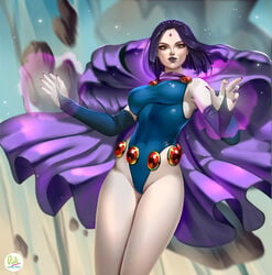 1girls 2d armpits bare_legs bare_shoulders bare_thighs belly_button cape dc dc_comics didi_esmeralda elbow_gloves female female_focus female_only gloves groin hips leotard looking_at_viewer medium_breasts mostly_clothed pale-skinned_female pale_skin purple_eyes purple_hair purple_lipstick rachel_roth raven_(dc) short_hair solo solo_female solo_focus standing straight_hair teen_titans thick_thighs tight_clothing wide_hips