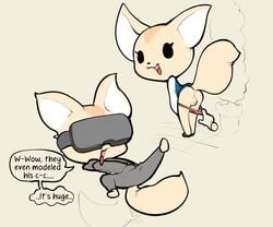 2021 aggressive_retsuko ambiguous_gender anthro ass assisted_exposure big_head black_eyes canid canine clothed clothed_masturbation clothing clothing_pull dialogue disembodied_hand duo empty_eyes english_text female female/ambiguous female_focus fennec fenneko fox fur genitals hand_in_pants hi_res itsunknownanon looking_back mammal masturbation panties panties_down panty_pull partially_clothed pussy sanrio smooth_skin solo_focus spread_legs spreading tan_body tan_fur text underwear underwear_down underwear_pull vaginal_masturbation vaginal_penetration vr_headset