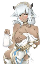 1girls ash_(fire_emblem) bad_censor bangs bare_shoulders bare_thighs blush breasts brown_eyes cleavage clothes_removed collarbone covering covering_breasts cow_girl dark-skinned_female dark_skin earrings embarrassed female_only fire_emblem fire_emblem_heroes hourglass_figure huge_breasts looking_at_viewer medium_hair milk nintendo pointy_ears silver_hair solo thighhighs thighs toshimasa wardrobe_malfunction white_background white_hair yellow_eyes