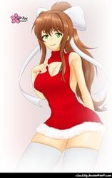 brown_hair clouddg doki_doki_literature_club female green_eyes looking_at_viewer monika_(doki_doki_literature_club) open_chest_turtleneck ponytail smiling white_hair_bow white_stockings