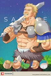 1boy abs armor bar_censor bara blonde_hair breastplate censored cerberus_arts cerceus_(kono_yuusha_ga_ore_tueee_kuse_ni_shinchou_sugiru) cowboy_shot facial_hair goatee grin highres kono_yuusha_ga_ore_tueee_kuse_ni_shinchou_sugiru large_pectorals male_focus male_only mature_male midriff_sarashi moustache muscular muscular_male navel nipples over_shoulder pauldrons pectoral_cleavage pectorals reward_available sample sarashi short_hair shoulder_armor sideburns smile solo stomach sword sword_over_shoulder underpec weapon weapon_over_shoulder wrinkled_skin