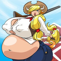 belly big_belly big_breasts cowgirl cowgirl_hat cowgirl_outfit erect_nipples gun horns huge_breasts jacques00 jeans nipple_bulge