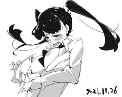 blush bow bowtie breasts breasts_out dated female greyscale holding holding_toothbrush long_sleeves looking_down monochrome nipples open_clothes open_mouth open_shirt original school_uniform simple_background solo tabata_hisayuki tears toothbrush twintails upper_body white_background