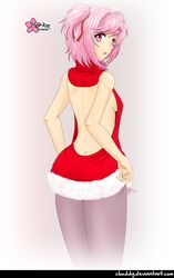 1girls black_stockings clouddg doki_doki_literature_club exposed_back female female_only looking_back natsuki_(doki_doki_literature_club) open_chest_turtleneck pink_eyes pink_hair red_hair_ribbon solo thighhighs twintails