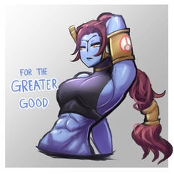 1girls abs alien_girl arms_behind_head athletic athletic_female blue_body blue_skin breasts color colored english_text female female_only large_breasts muscular muscular_female sideboob simple_background skaiahart solo solo_female tau text warhammer_(franchise) warhammer_40k