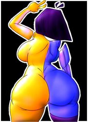 artist_request ass back_view backboob big_ass black_hair blue_skin breasts ena from_behind joel_g peace_sign short_hair standing tagme two_tone_skin yellow_skin