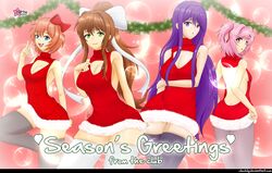 4girls black_stockings blue_eyes brown_hair bubbles christmas_clothing clouddg doki_doki_literature_club english_text female female_only festive garland green_eyes lights looking_at_viewer monika_(doki_doki_literature_club) multiple_girls natsuki_(doki_doki_literature_club) open_chest_turtleneck open_mouth peace_sign pink_eyes pink_hair purple_eyes purple_hair purple_hairclip red_hair_bow red_hair_ribbon sayori_(doki_doki_literature_club) smiling strawberry_blonde_hair text v white_hair_bow white_stockings yuri_(doki_doki_literature_club)