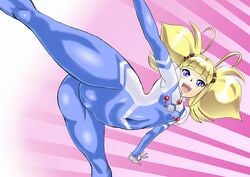 2017 antenna_hair blonde_hair blue_eyes blush bodysuit cameltoe chloe_(future_avengers) future_avengers hair_ornament happy kicking light_blue_eyes marvel marvel_comics pink_background ponytail shinjuro_kaigusa small_breasts vagina