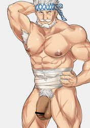 1boy abs armpit_hair bar_censor bara beard bulge censored cerberus_arts collarbone covered_abs covered_navel cowboy_shot facial_hair flaccid foreskin fundoshi granblue_fantasy headband japanese_clothes large_pectorals male_focus male_only male_underwear mature_male midriff_sarashi moustache muscular muscular_male nipples nude old old_man pectorals penis sarashi scar solo soriz thick_thighs thighs underwear white_male_underwear