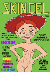 90's_theme disney doll english_text eyelashes fake_magazine_cover green_background green_eyes hands_on_hips hat jessie_(toy_story) nipples pixar pussy red_hair short_hair small_breasts smile toonytease toy toy_story toy_story_2