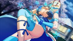 absurd_res alternate_version_available armwear big_breasts blue_dress blurry_background cape cat_ears chakram cleavage cleavage_cutout highres ice japanese_clothes mask masked_female moe_ninja_girls night ninja ninja_clothes obscured_face ornament pattern_clothing ricka_machiyuki ring ripped_clothing sakura_tree snowflake thighhighs thighs upscaled waist_band weapon white_hair wrist_cuffs yellow_eyes