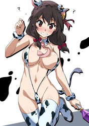 absurdres animal_ears animal_print black_hair blush breasts cow_ears cow_print cow_tail fake_animal_ears fake_tail female highres kono_subarashii_sekai_ni_shukufuku_wo! long_hair red_eyes slingshot_swimsuit solo swimsuit tail thighhighs tokiani white_background yunyun_(konosuba)