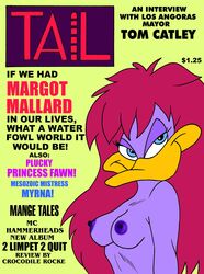 anthro avian beak bird blue_eyes duck english_text female furry large_breasts long_hair margot_mallard nude purple_feathers purple_hair soft_feathers solo tiny_toon_adventures toonytease