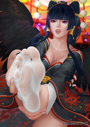 1girls 2021 artist_signature cleavage clothed clothed_female dark_hair dead_or_alive feet female female_only foot_fetish foot_focus hi_res high_resolution highres holding_leg japanese_clothes kimono leg_lift legs legs_up long_hair nyotengu open_mouth purple_eyes sitting socks solo_(twsolo) sweat sweaty_feet tabi thighhighs thighs wet_feet wings