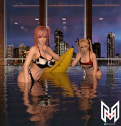 3d big_ass big_breasts bikini blonde_hair blue_eyes cow_print dead_or_alive dead_or_alive_5 honoka_(doa) marie_rose nixmare_(artist) pink_hair pool red_eyes wet