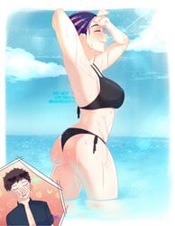 1girls ass ass_cheeks bikini blue_sky chisaki_kai dripping female female_focus hanbun_nsfw in_water kai_chisaki kaina_tsutsumi lady_nagant light-skinned_female my_hero_academia nosebleed ocean overhaul seaside side_view sky swimsuit thighs tsutsumi_kaina two_piece_swimsuit water wet