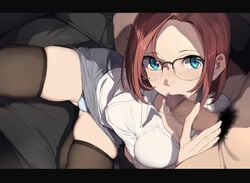 1boy black-framed_eyewear black_legwear blue_eyes blue_panties blush breasts brown_hair_girl_(nagioka) censored clothed_female_nude_male collared_shirt commentary couch earrings fellatio female from_above glasses grey_skirt highres indoors jewelry looking_at_viewer male_pubic_hair medium_breasts mosaic_censoring nagioka nagioka_(sblack) nude office_lady on_couch open_mouth oral original over-rim_eyewear panties pencil_skirt penis penis_grab pov pubic_hair red_hair sblack semi-rimless_eyewear shirt short_hair skindentation skirt small_penis solo_focus spread_legs straight thighhighs underwear white_shirt