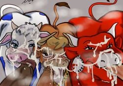 3boys 3girls borden_(company) bovine commission commission_art commissioner_upload cooperative_fellatio cow_ears cow_girl cow_horns cows cum cum_in_mouth cum_in_throat cum_on_face elsie_the_cow excessive_cum facial furry group_sex lactaid lactaid_cow laughing_cow monster monster_girl murgosworld the_laughing_cow