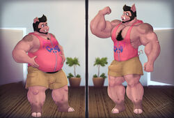 absurd_res altered_reflection big_muscles black_hair bottomwear clothing cowardlion domestic_pig duo flexing hair hand_on_stomach hi_res hooves huge_muscles hyper hyper_muscles male male_only mammal mirror muscular reflection shirt shorts slightly_chubby suid suina sus_(pig) tank_top topwear tusks