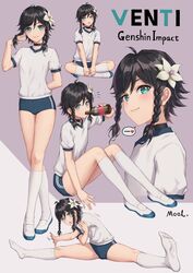 1boy black_hair blush bottle braids bulge crossdressing drinking feet femboy flower flower_in_hair genshin_impact gym_shirt gym_shorts gym_uniform holding_bottle kneehighs looking_at_viewer male male_focus mool_yueguang multicolored_hair no_shoes shirt shoes shorts simple_background stretching trap twin_braids uwabaki venti_(genshin_impact) white_legwear