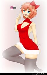 black_stockings blue_eyes clouddg doki_doki_literature_club female open_chest_turtleneck peace_sign red_hair_bow sayori_(doki_doki_literature_club) smiling strawberry_blonde_hair