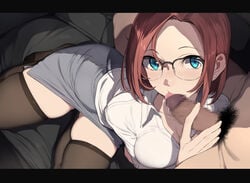 1boy black-framed_eyewear black_legwear blue_eyes blush breasts brown_hair_girl_(nagioka) censored clothed_female_nude_male collared_shirt commentary couch earrings fellatio female from_above glasses grey_skirt highres indoors jewelry licking licking_penis looking_at_viewer male_pubic_hair medium_breasts mosaic_censoring nagioka nagioka_(sblack) nude office_lady on_couch oral original over-rim_eyewear pencil_skirt penis penis_grab pov pubic_hair red_hair sblack semi-rimless_eyewear shirt short_hair skindentation skirt solo_focus straight thighhighs white_shirt zettai_ryouiki