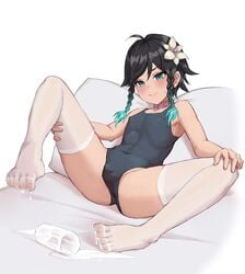 1boy bangs bare_shoulders black_hair blush braids bulge closed_mouth collar covered_navel covered_nipples crossdressing drinking_glass feet femboy flower flower_in_hair genshin_impact gradient_hair green_eyes groin hair_ornament lying male male_focus mool_yueguang multicolored_hair on_back on_bed one-piece_swimsuit pillow pink_collar simple_background smile solo spill spread_legs sweat swimsuit thighhighs toes trap twin_braids venti_(genshin_impact) white_background